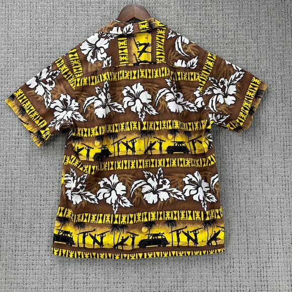 RJC Vintage Hawaiian Mens Shirt L Yellow Brown Button Down Floral Surfing - Picture 2 of 8